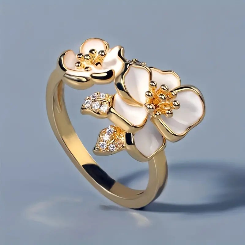Antique White Enamel Floral Gold Ring