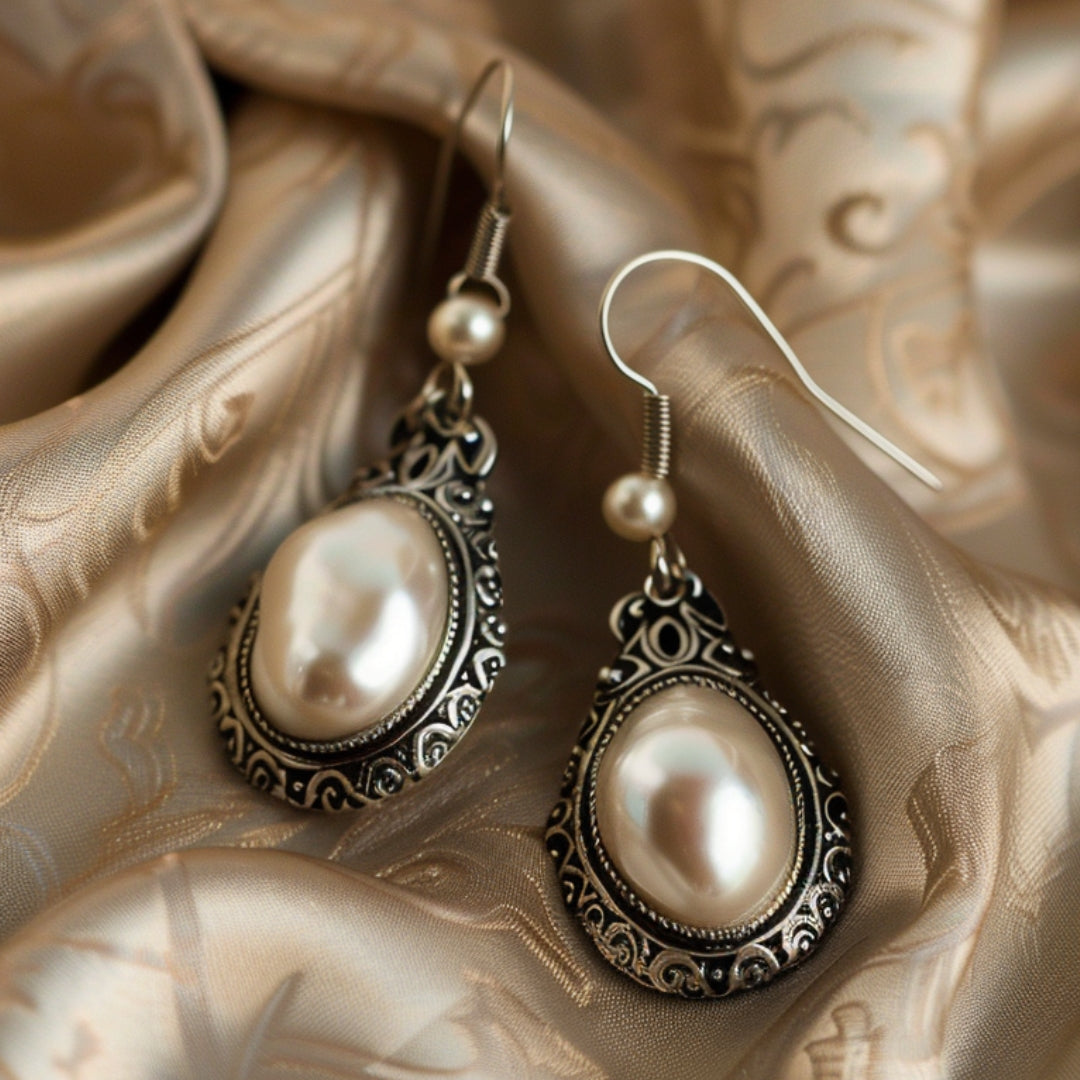 Pearl Earrings with Silver Water Drop Inlay