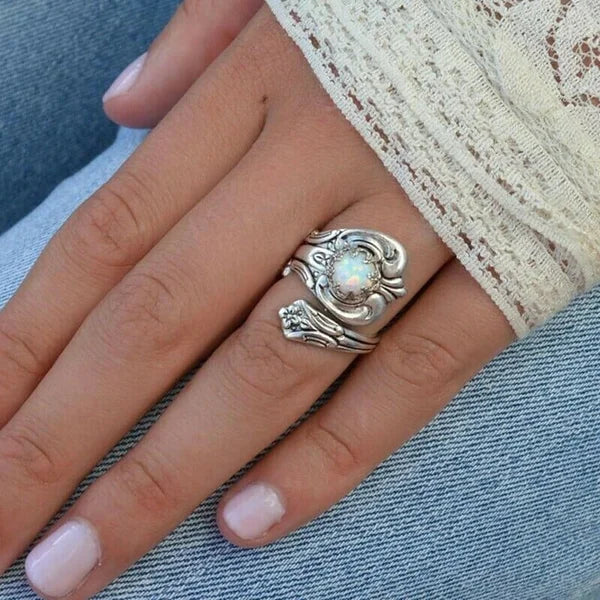 Adjustable Ring with White Opal Spoon Design