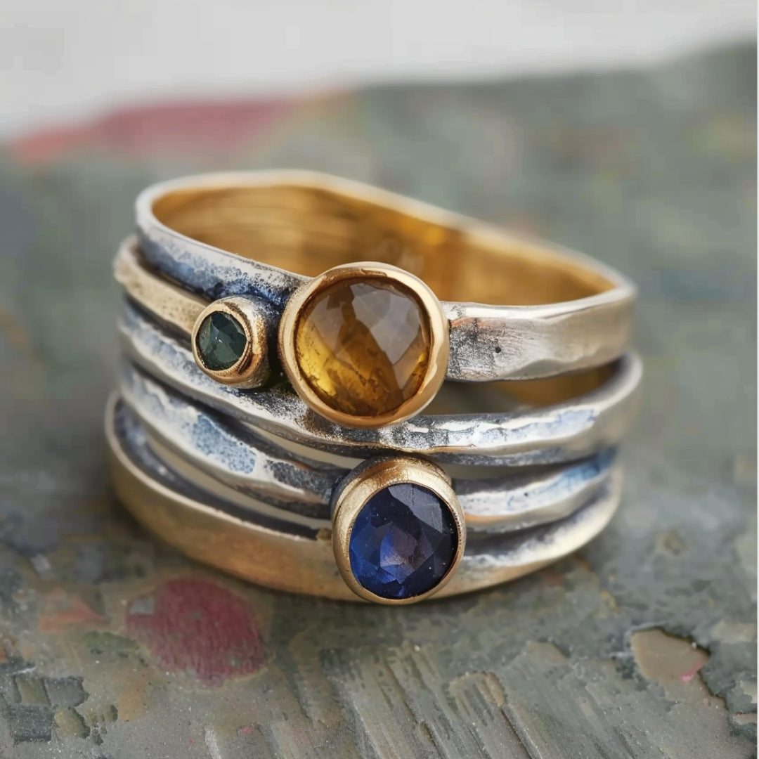 Layered Silver Ring with Multicolored Stones