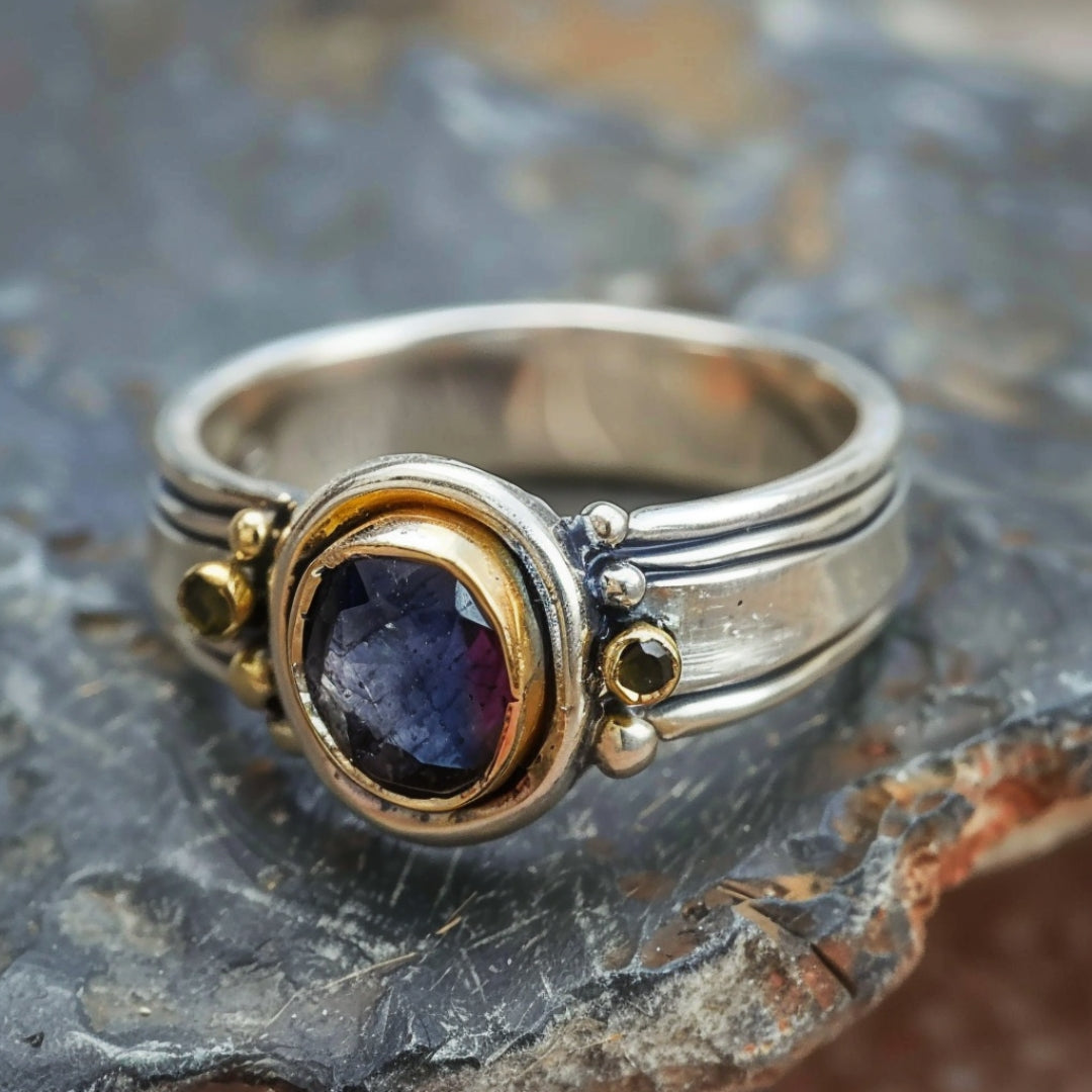 Blue Stone Ring with Silver Inlay