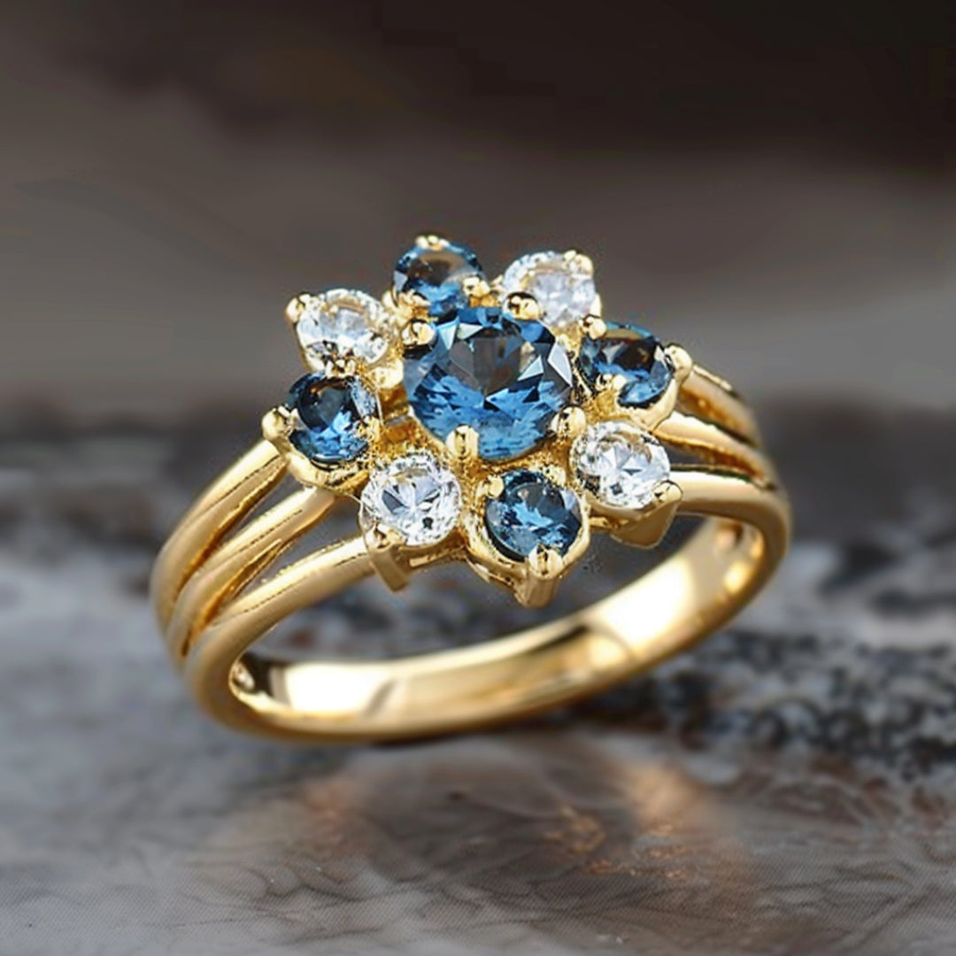 Golden Blue Floral Zirconia Ring
