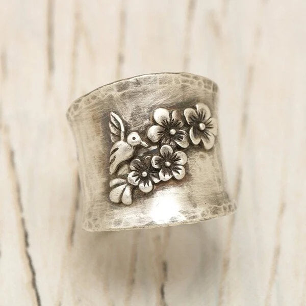 Wide Band Ring with Bird and Floral Design