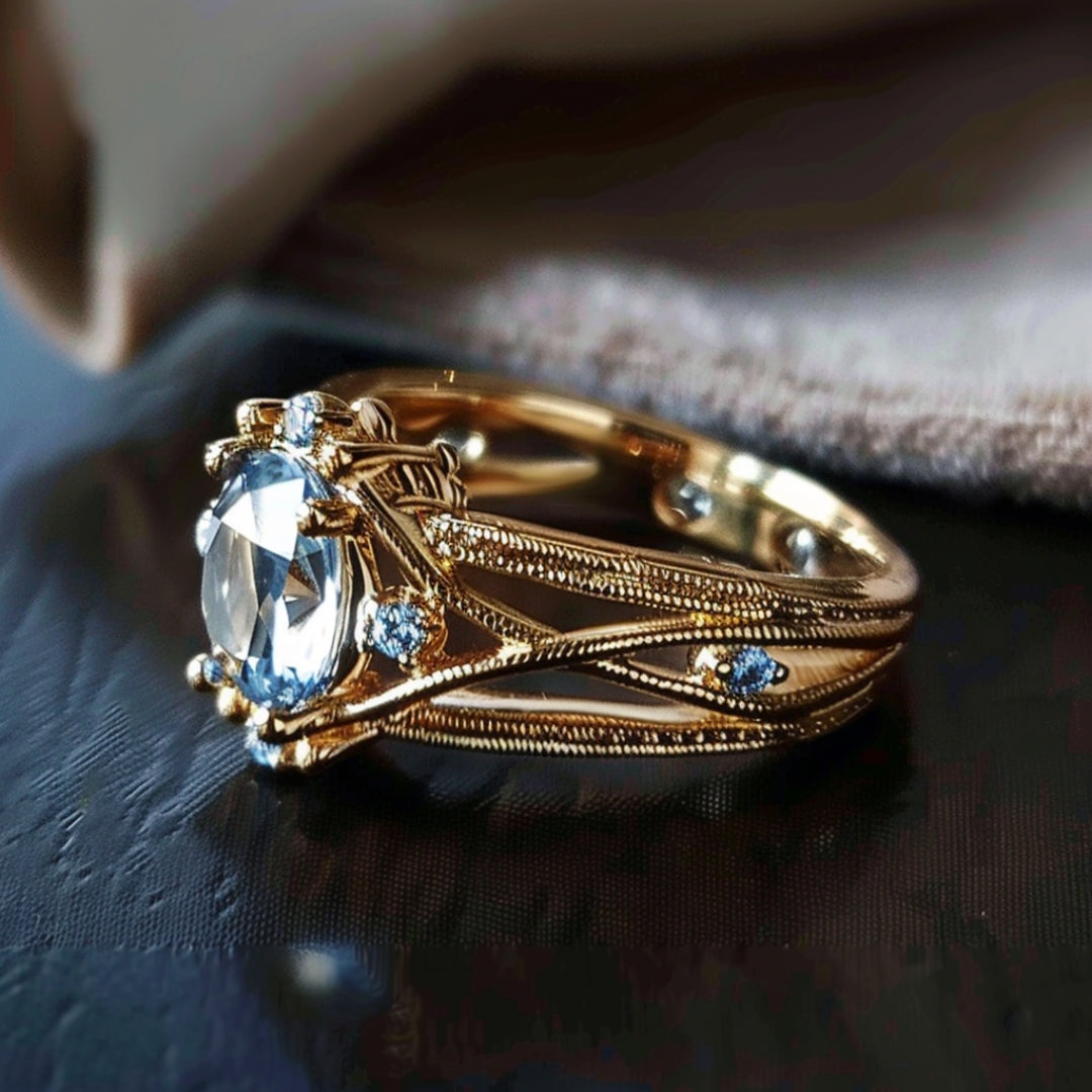 Layered Gold Ring with Inlaid Blue Glass