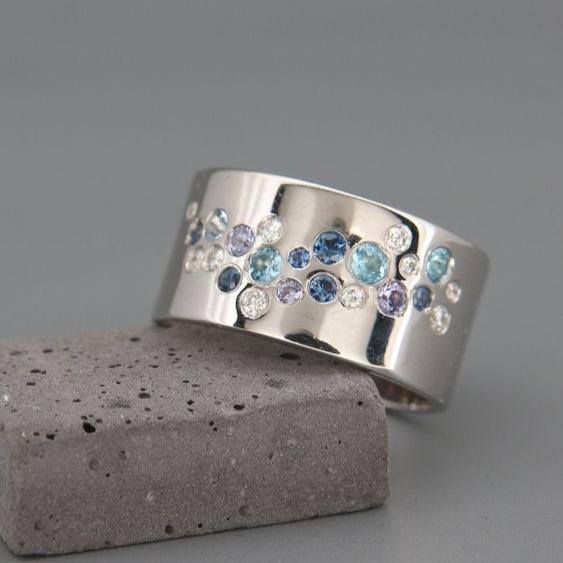 Antique Silver Ring with Inlaid Blue Crystals