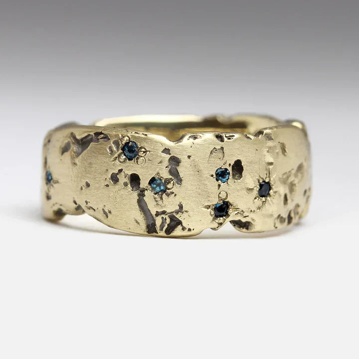 Antique Gold Forged Ring Featuring Blue Inlay Crystal