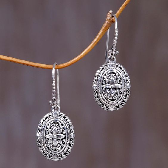 Retro Floral Silver Earrings with Rounded Design