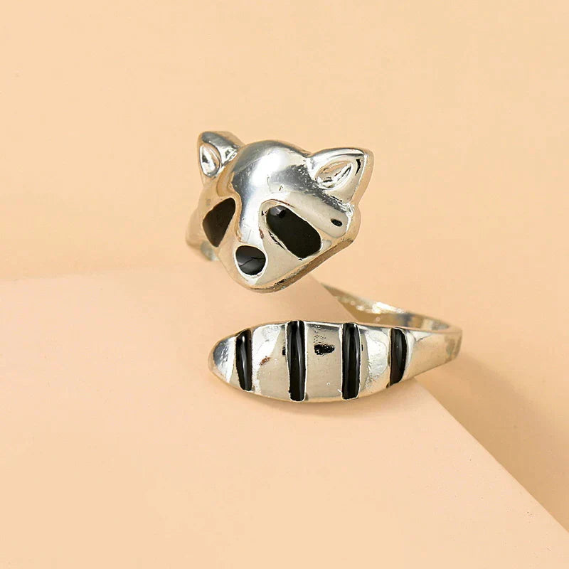 Adjustable Sterling Silver Raccoon Ring in 925