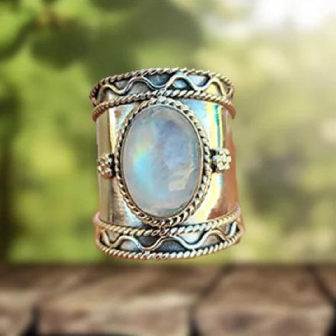 Wide Band Bohemian Moonstone Ring