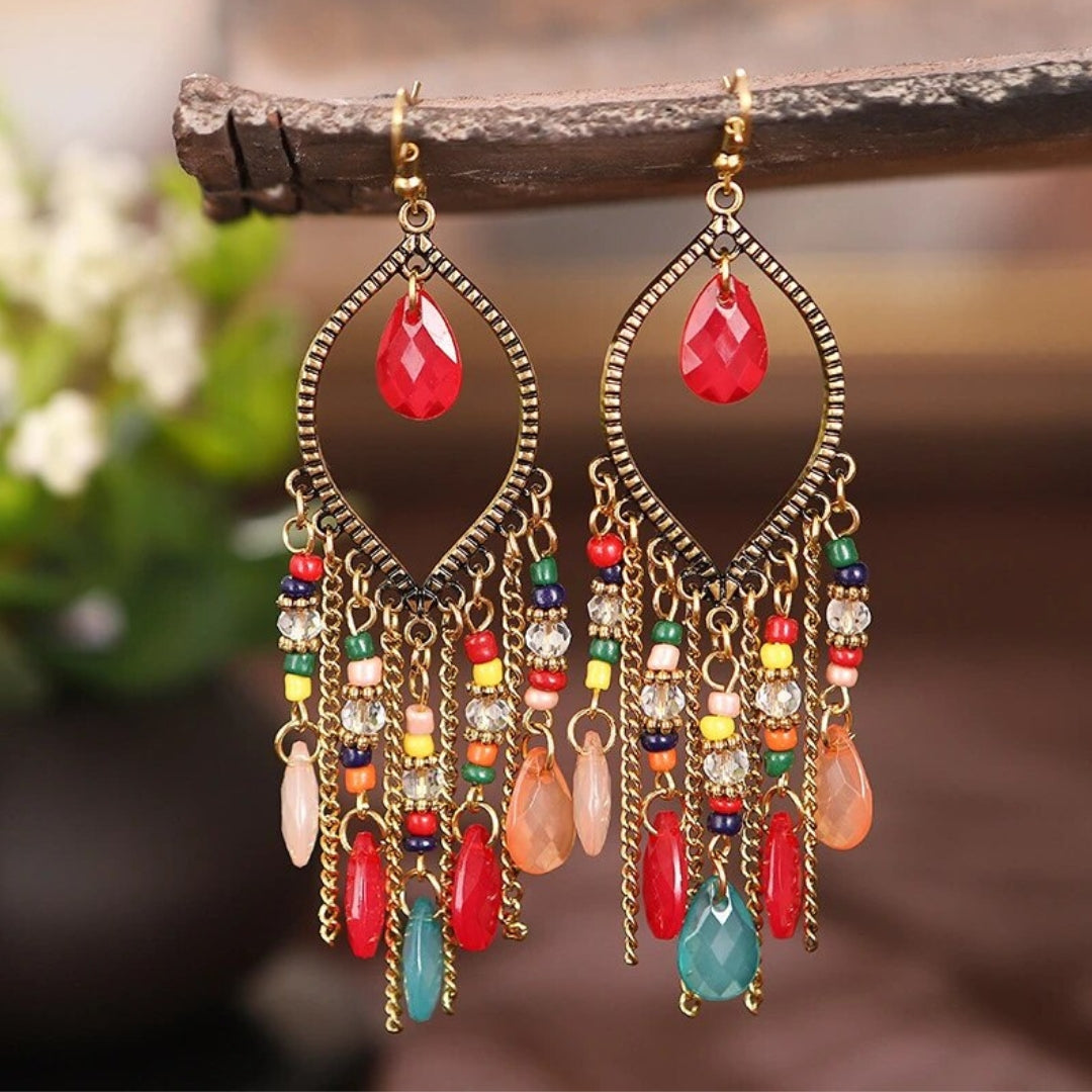 Bohemian Red Zirconia Mandala Drop Earrings