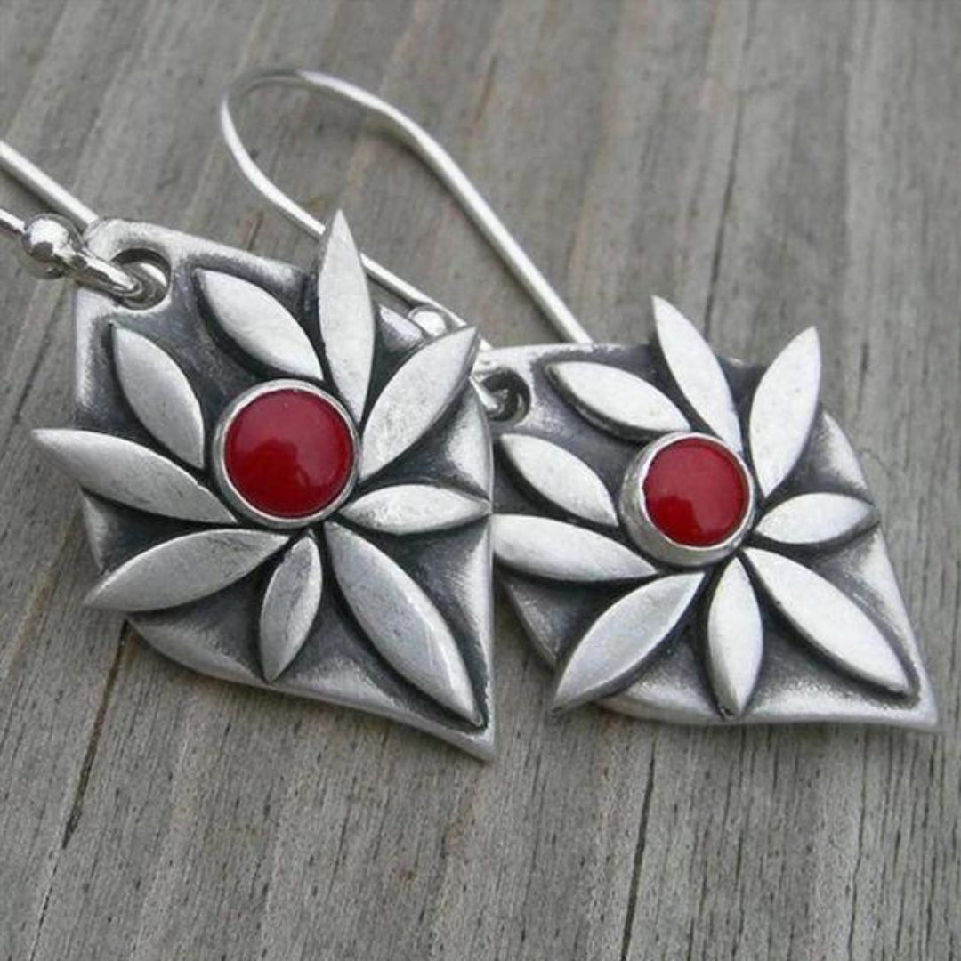 Bohemian Floral Silver Earrings with Red Zirconia