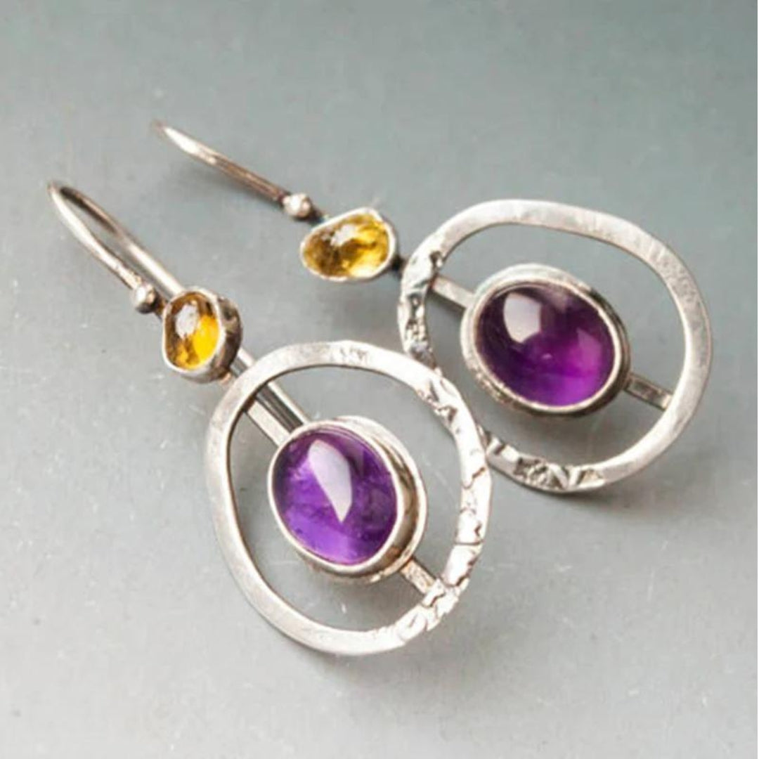 Silver Boho Circular Earrings Featuring Amethyst