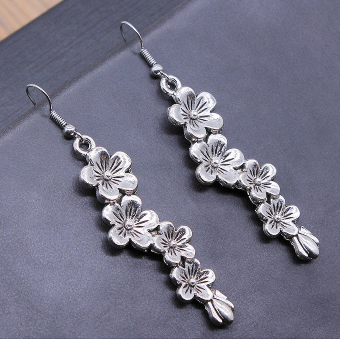 Bohemian Silver Floral Pendant Earrings