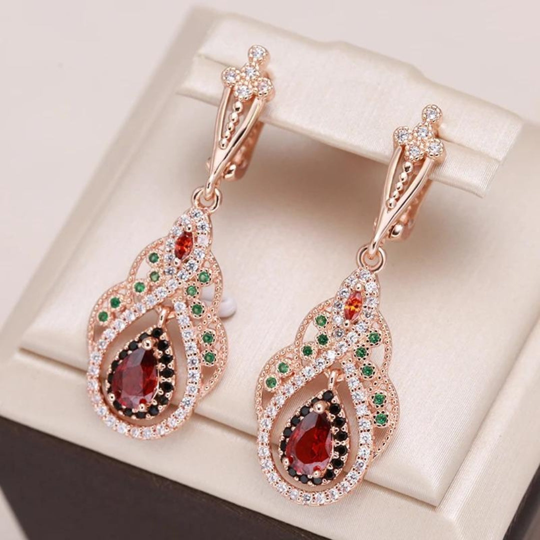 Gold Red Mandala Earrings Adorned with Zirconia