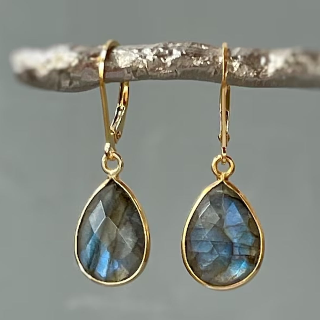 Retro Blue Crystal Drop Earrings with Gold Accents