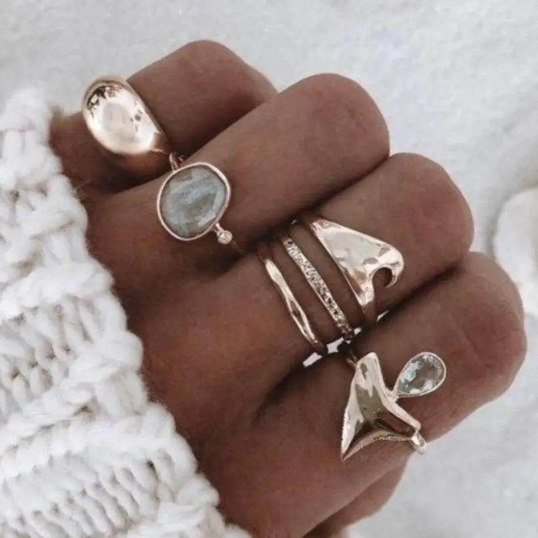 Antique Silver Ocean-Inspired Ring Set