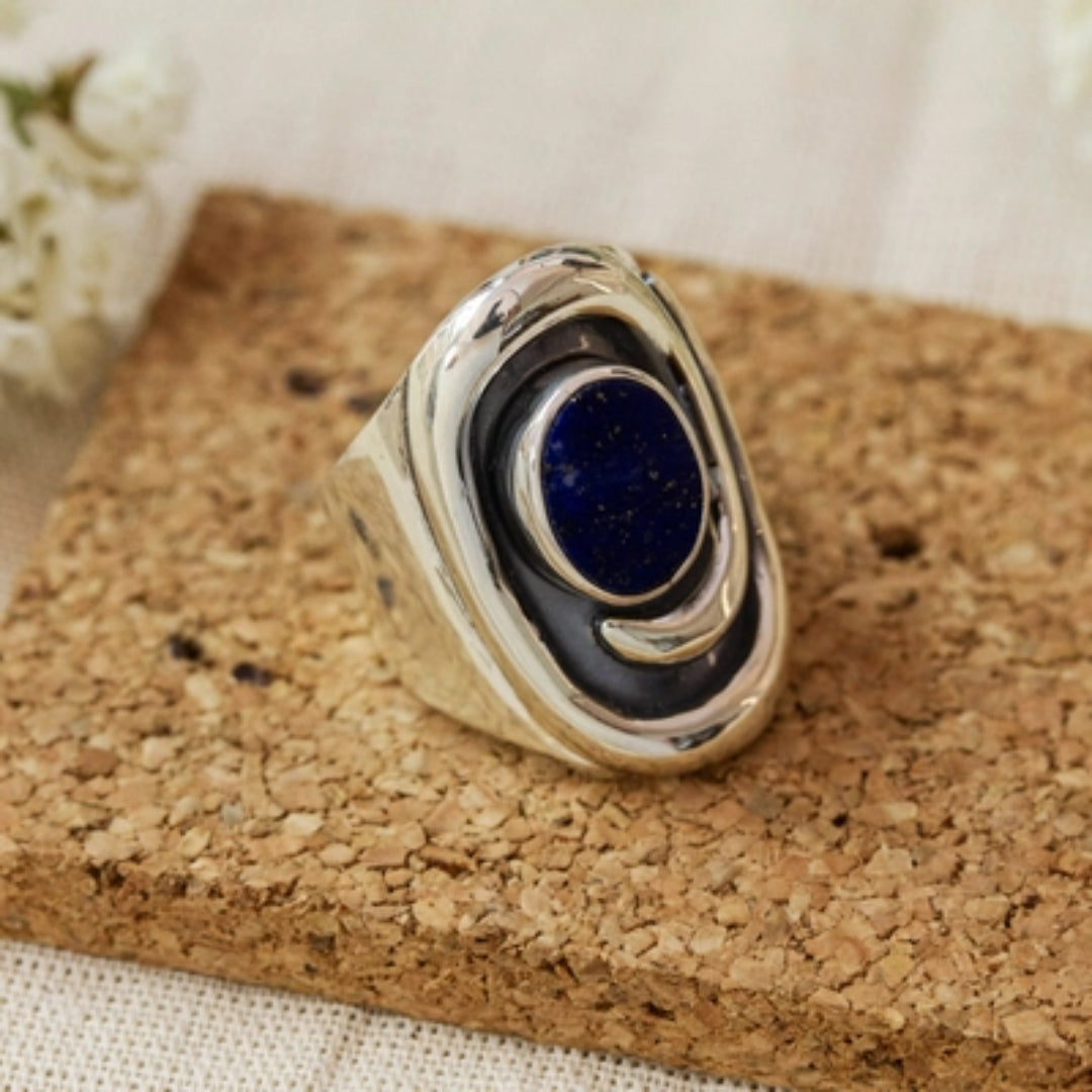 Antique Dark Inlaid Stone Silver Ring