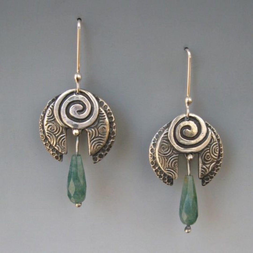 Retro Silver Earrings with Green Stone Dangles