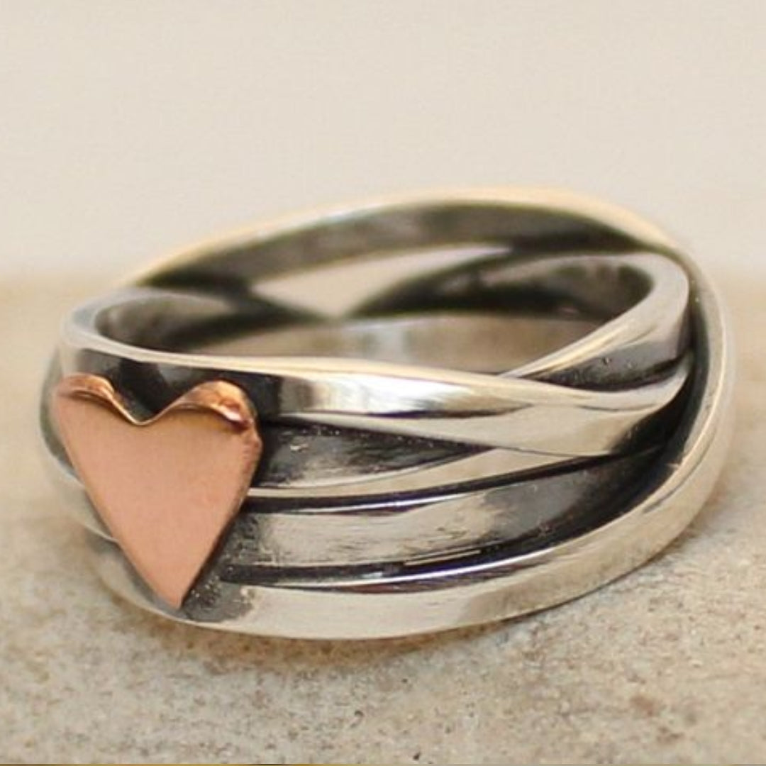 Silver Heart Ring with Vintage Rose Design