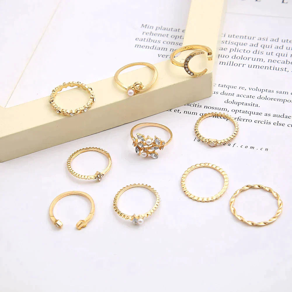 Set of 10 Bohemian Silver and Gold Plated Rings