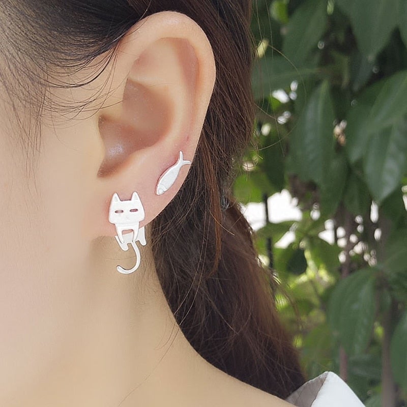 Silver Cat Climber Earrings