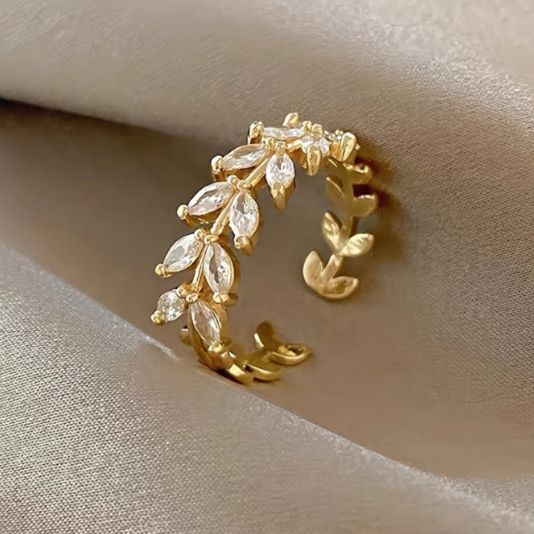 Radiant Leaf Gold Ring with Zirconia