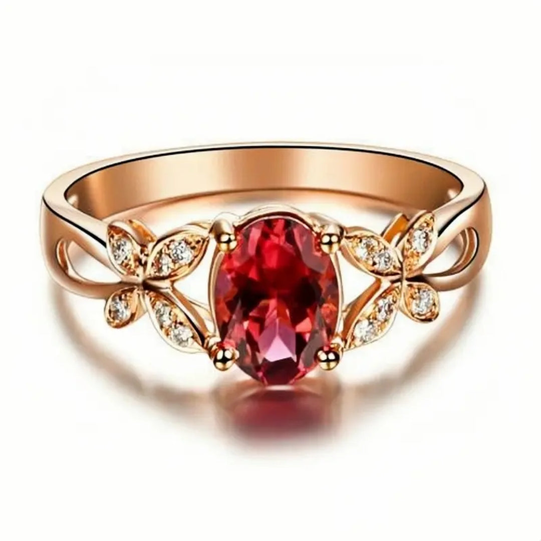 Gold Butterfly Ring with Red Oval Zirconia