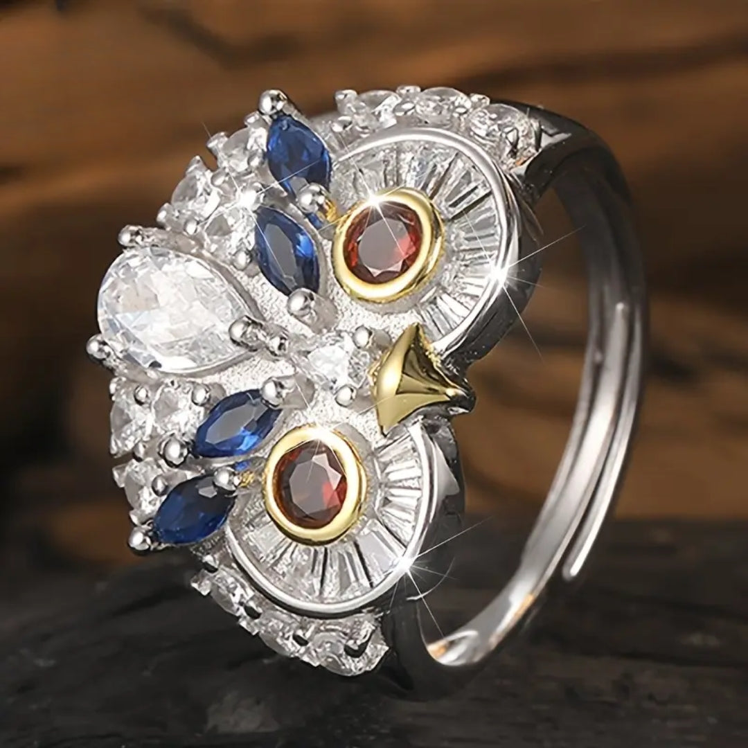 Silver Ring with Crystal Owl Design