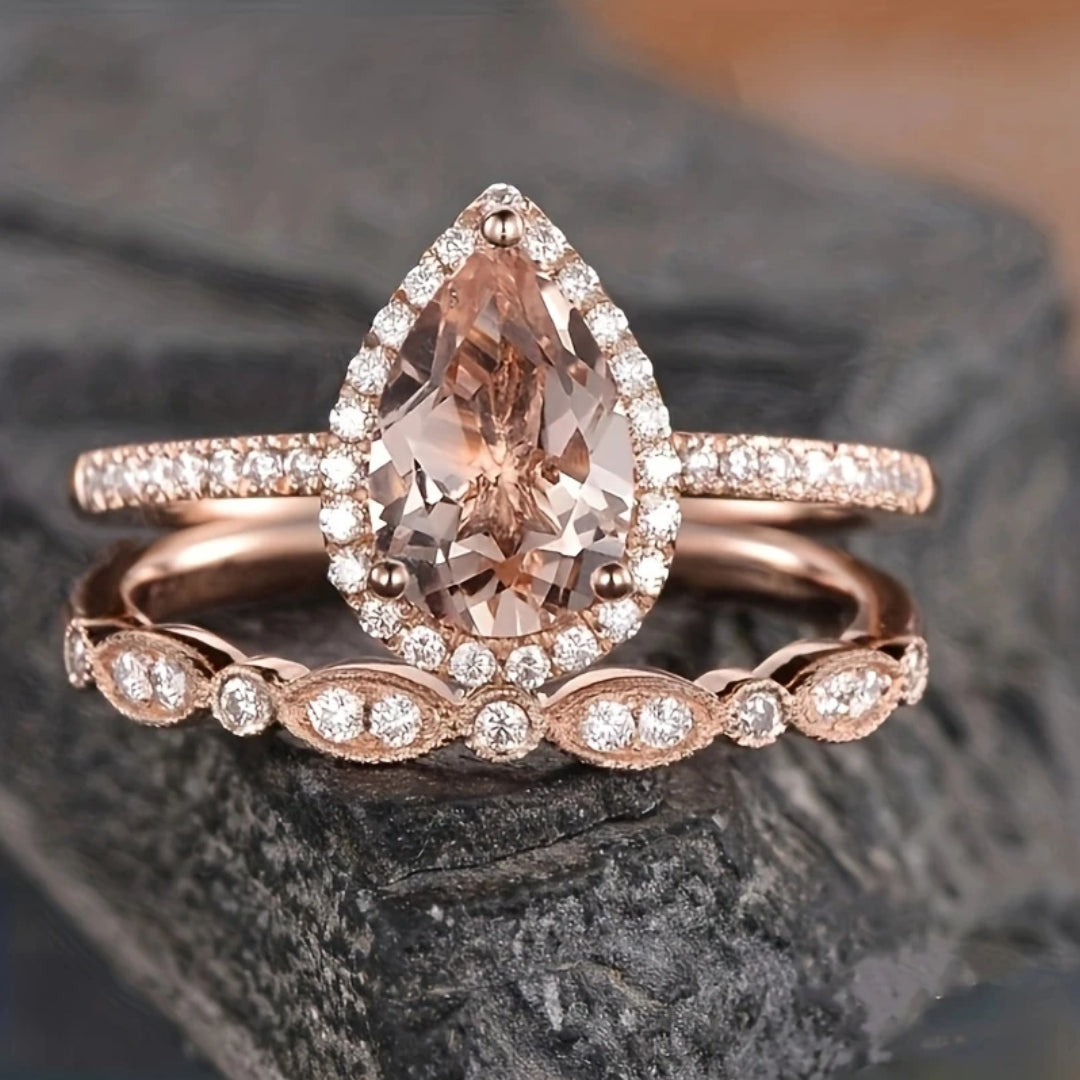 Rose Ring Set with Pink Water Drop Design