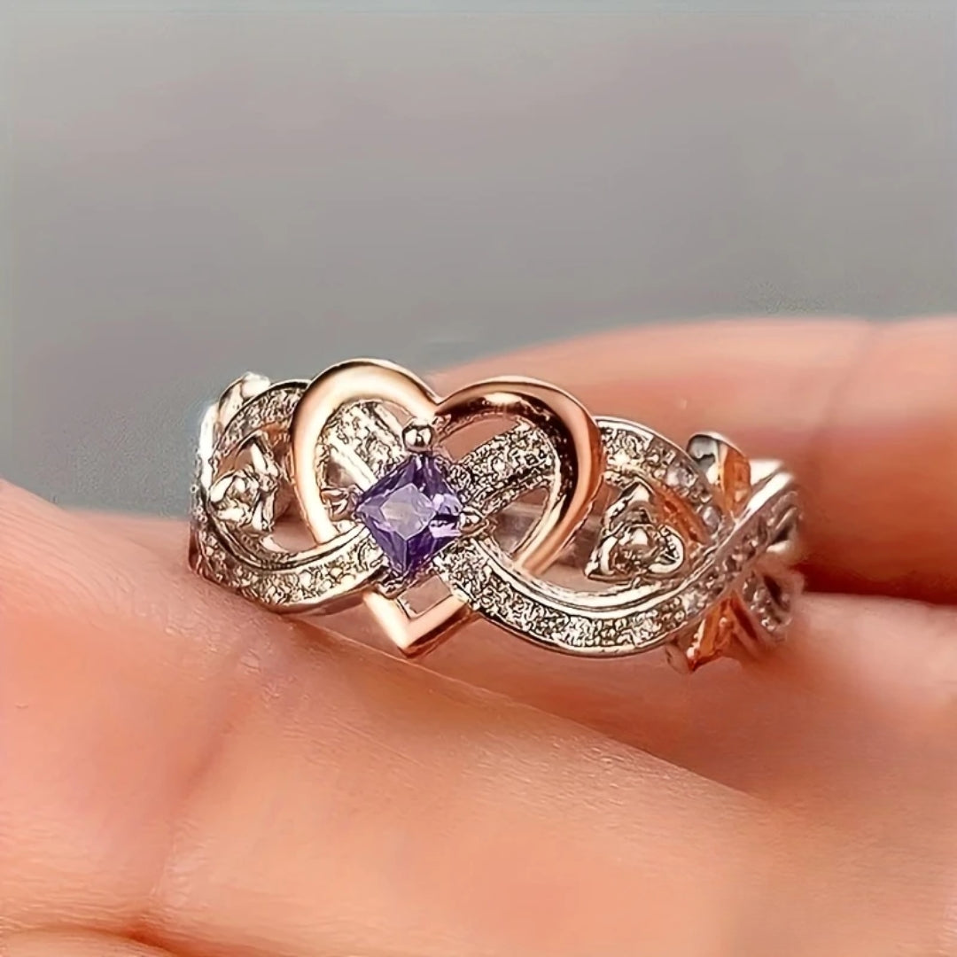 Radiant Violet Heart Ring with Gold and Silver Accents