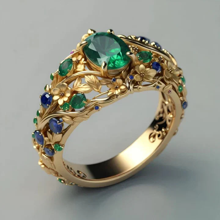 Gold Ring Featuring Green and Blue Crystals