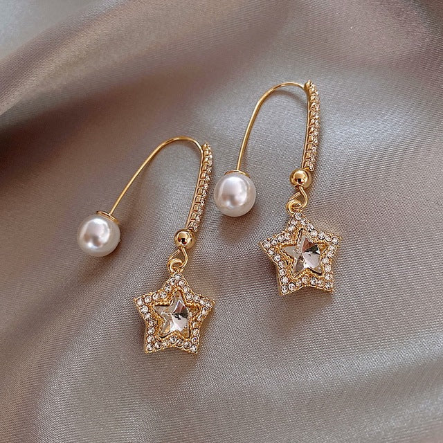 Gold Earrings with Crystal Star and Pearl Accents
