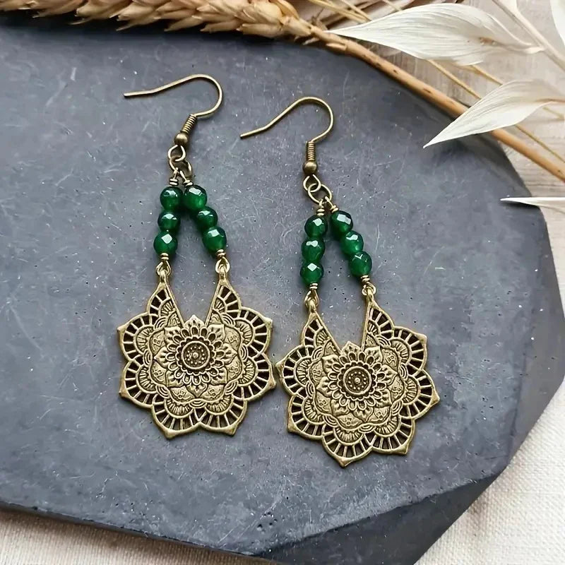 Retro Gold and Green Mandala Earrings
