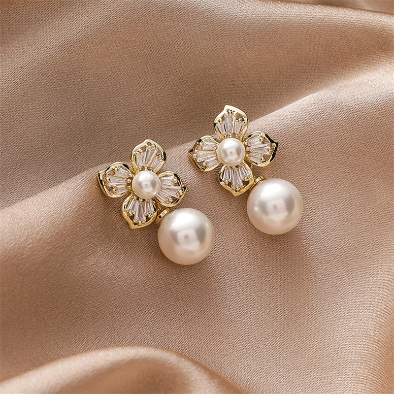 Pearl Earrings with Crystal Flower Design