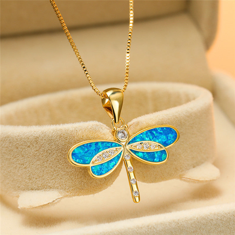 Gold Dragonfly Necklace Featuring Opal