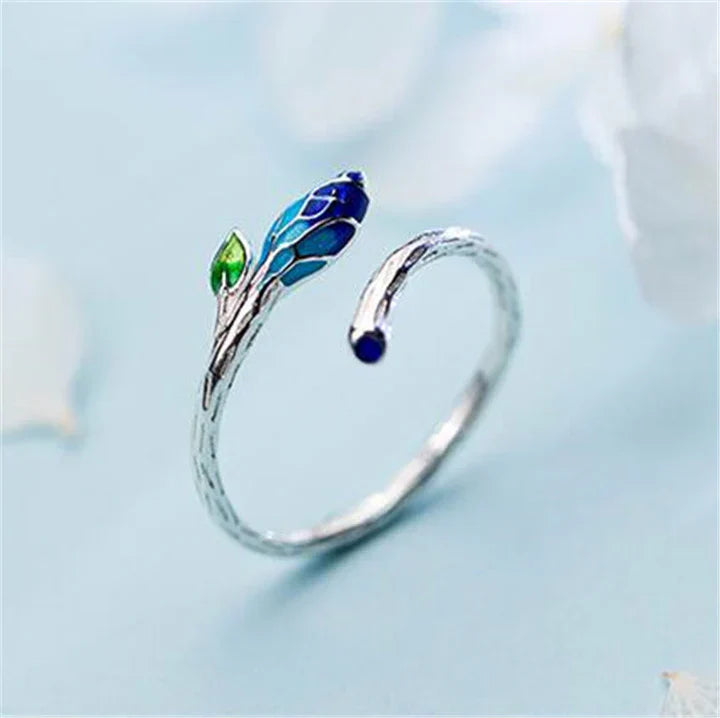 Silver Adjustable Leaf Ring with Blue Enamel