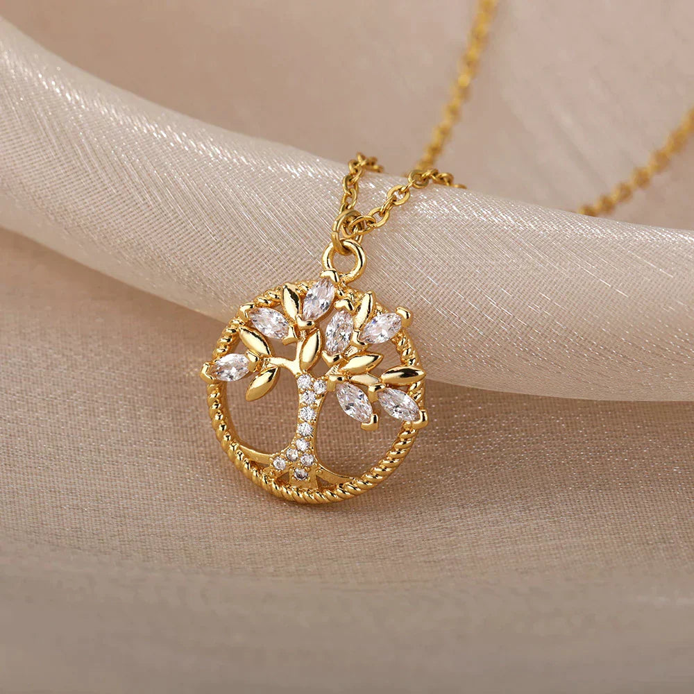 Gold Tree of Life Necklace Featuring Zirconia
