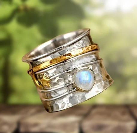 Celestial Moonstone Spinner Ring with Star and Moon Design