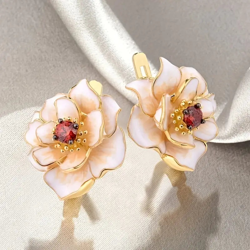 Retro White Enamel Floral Gold Earrings