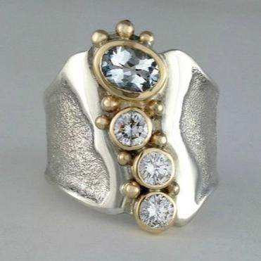 Antique-Inspired Silver and Gold Open Ring with Crystal Accents