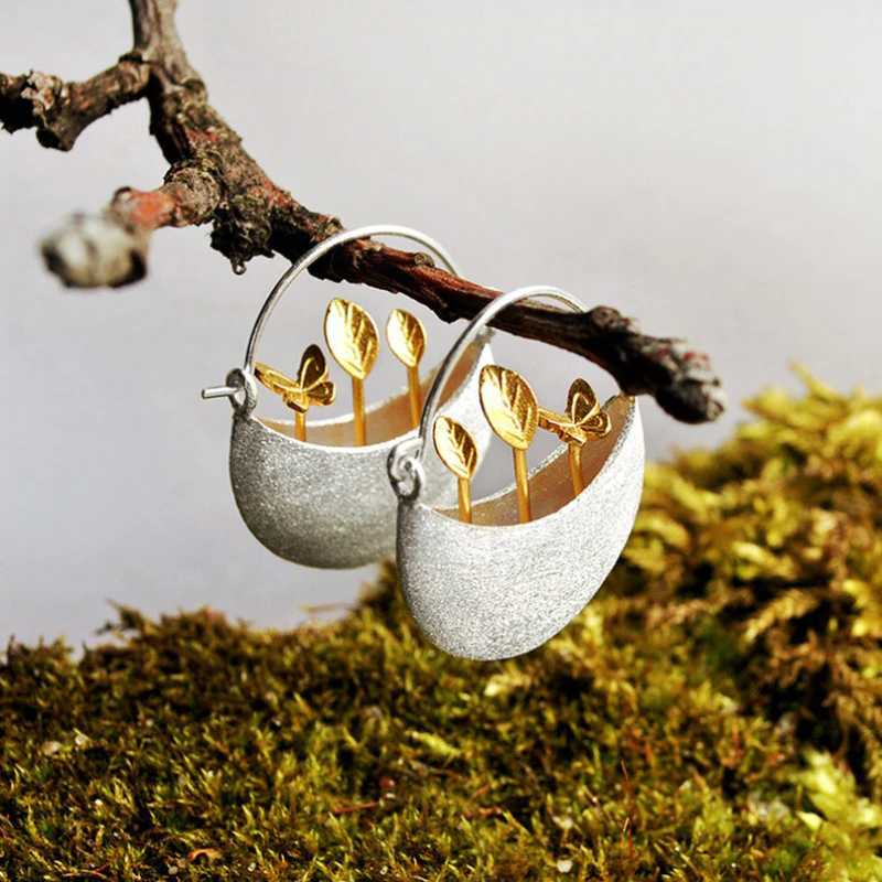 Silver Floral Basket Earrings with Gold Plating