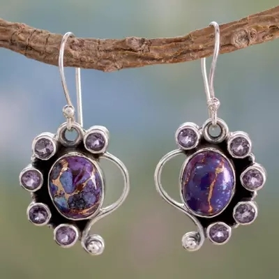 Silver Vintage Earrings with Purple Accents