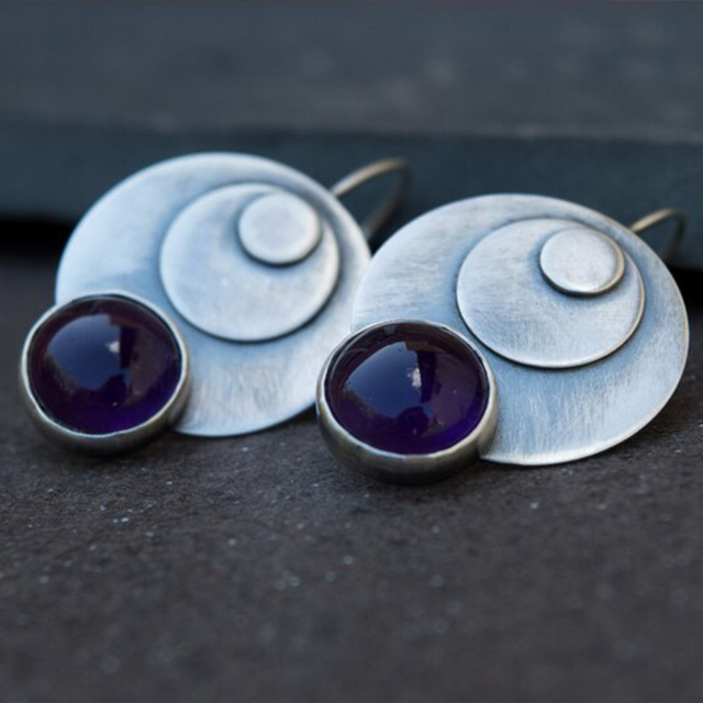Purple Stone Double Silver-Plated Earrings