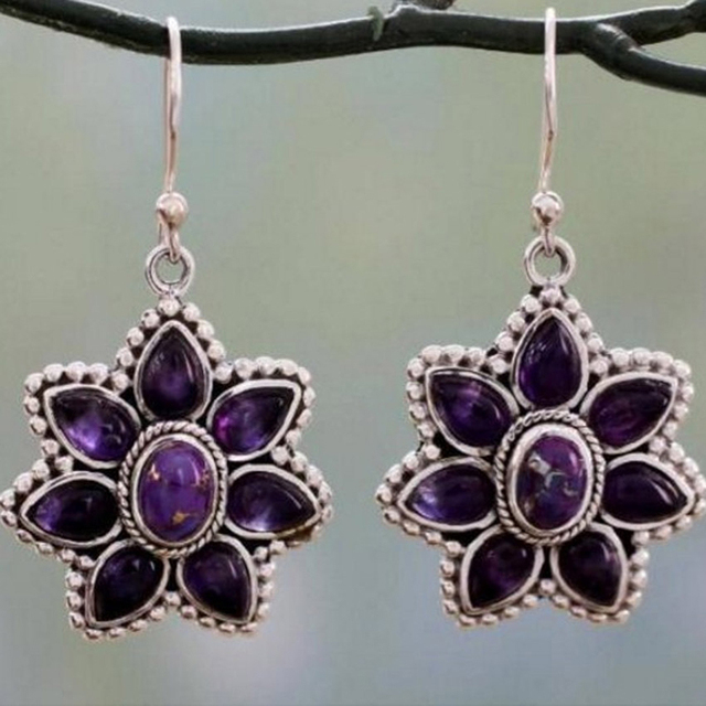 Silver Earrings with Vintage Purple Floral Design