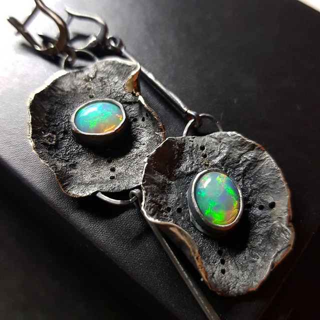 Silver Boho Earrings Featuring Green Opal