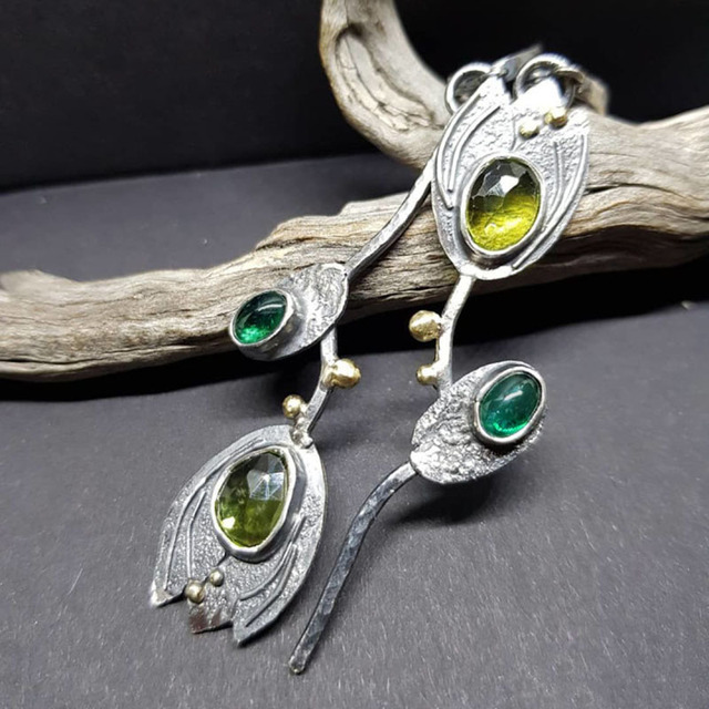 Sterling Silver Boho Earrings Featuring Green Gemstones
