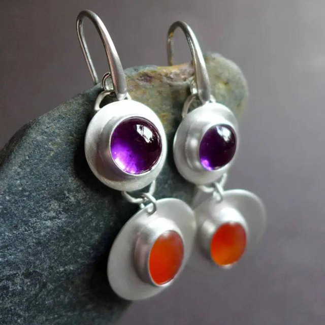 Sterling Silver Vintage Earrings with Red and Purple Crystals