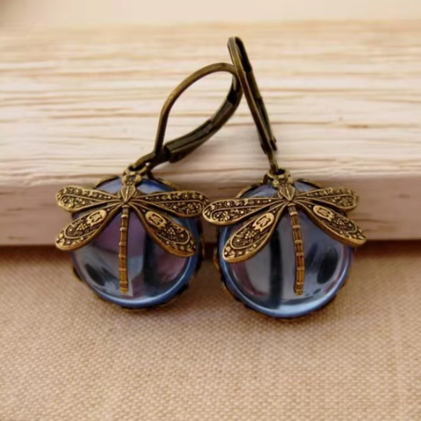 Antique Gold Vintage Dragonfly Crystal Earrings