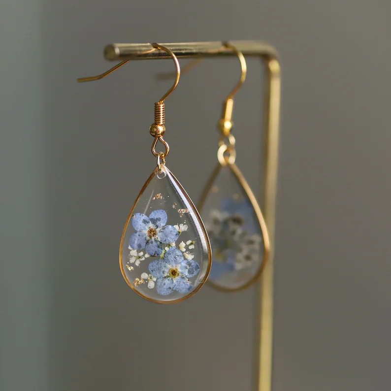 Retro Blue Floral Crystal Dangle Earrings