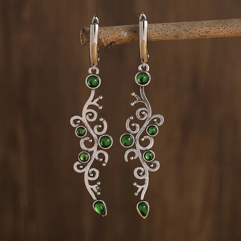 Retro Green Zirconia Silver Earrings
